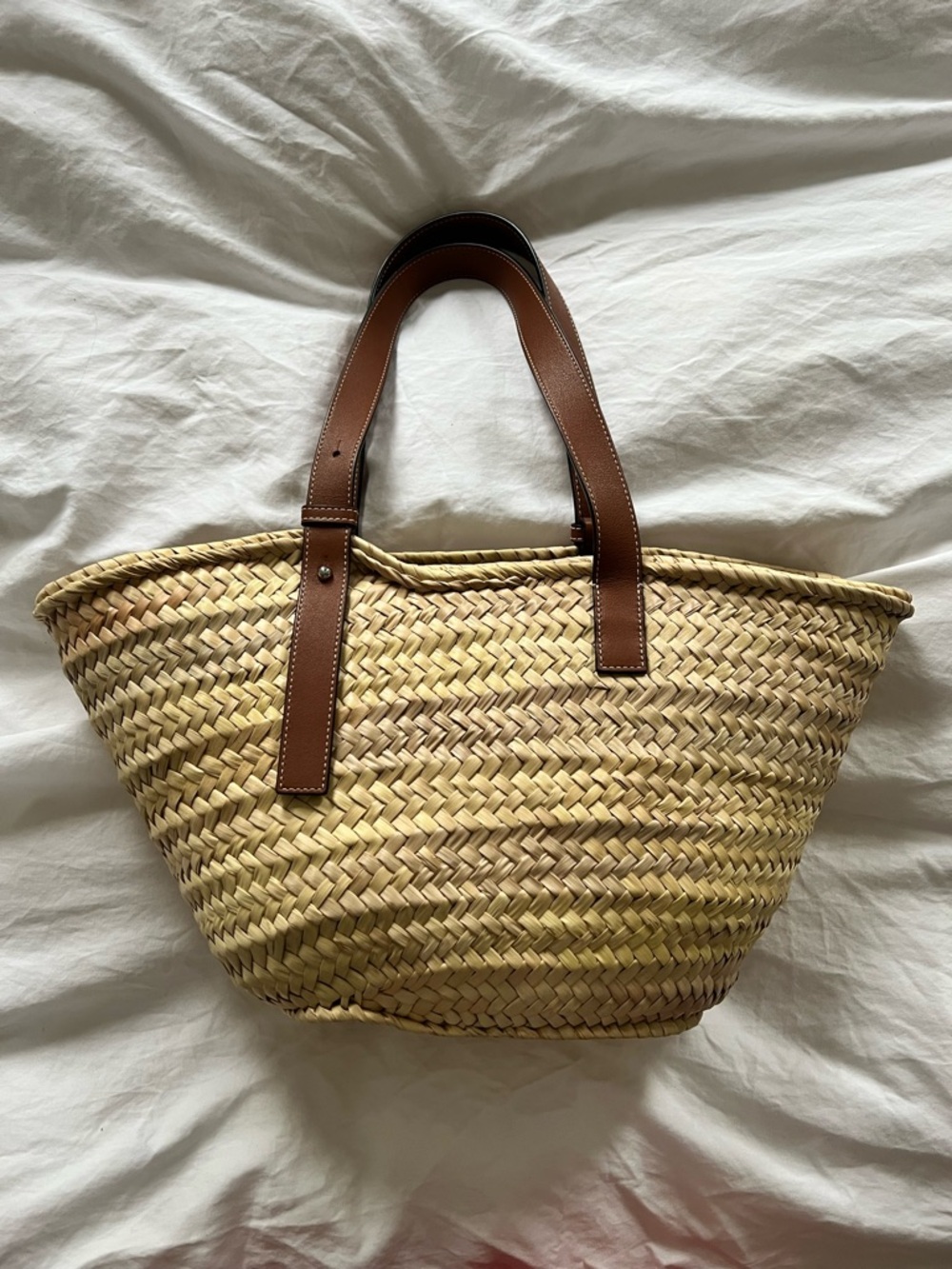 Loewe Medium Leather Trimmed Raffia Straw Basket Bag - Picture 2 of 6